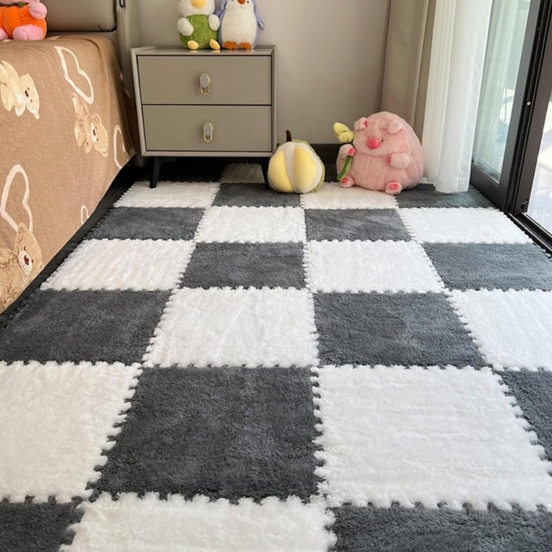 YISLEND 12Pcs Interlocking Carpet Tiles,12"x 12" Plush Interlocking Foam Carpet Tiles with Border,Fluffy Play Mat Floor Tiles Thick Padded Squares Foam Tiles for Playroom Decor (White+Grey) - Image 1